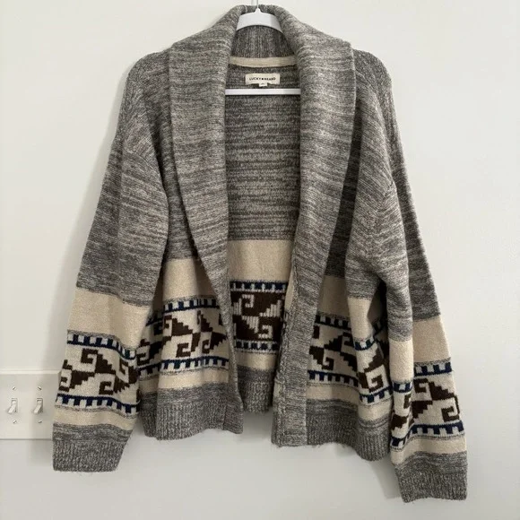 Lucky Brand Women's Boho Southwestern Aztec Shawl Collar Knit Cardigan SzXL - Picture 2 of 10